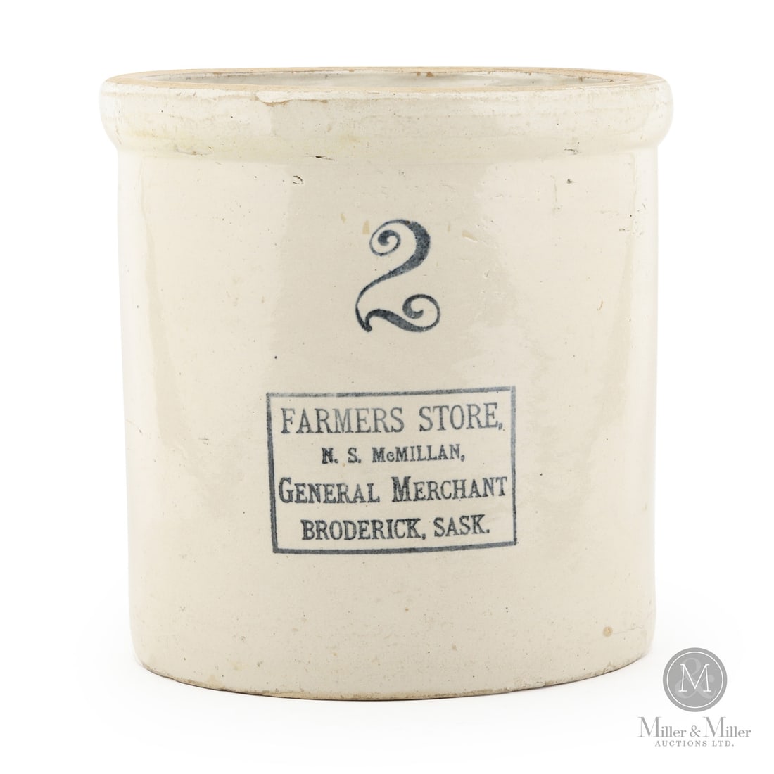 McMillan, Broderick 2 Gal Butter Crock: Canadian. N.S. McMillan 2 gal butter crock from Broderick, Saskatchewan. Note the Farmers Store. A scarce small town piece. Size 10" x 10" Dia. Condition Very good condition. Rings true. 4" hairline c