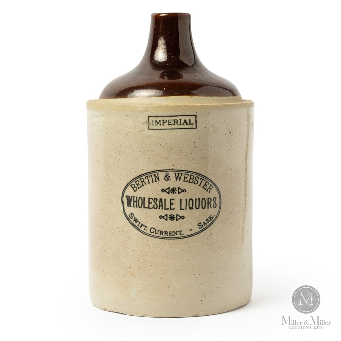 Bertin & Webster, Swift Current 2 Gal Jug: Canadian. 1905-1915. Bertin & Webster 2 gal jug from Swift Current, Saskatchewan. A scarce small town piece.Size12.5" x 7" Dia.ConditionExcellent condition. Tiny flat flake on shoulder edge, right