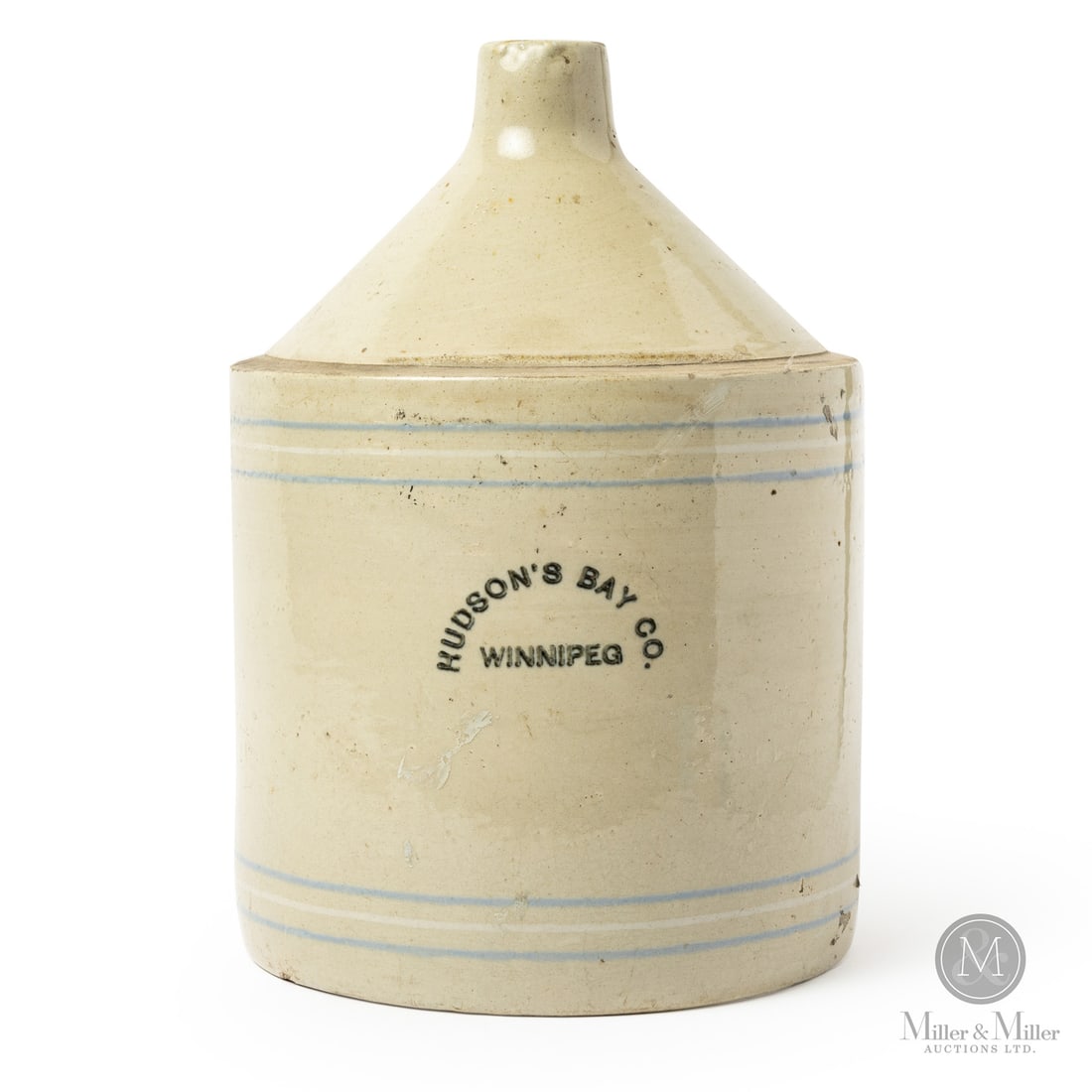 Hudson's Bay Co., Winnipeg 2 Gal Jug: Canadian. 1900-1910. Hudson's Bay Company 2 gal jug from Winnipeg, Manitoba. Extremely rare. Size 14" x 9.25". Condition Very good condition. 0.5" base edge chip, front lower left. Medium Stonewar