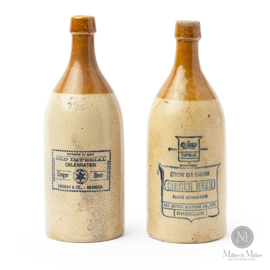 Pair of Brandon Ginger Beer Quarts: Canadian. A pair of quart-size ginger beers from Brandon Manitoba. Left is a rare Lindsay & Company Imperial Celebrated Ginger Beer. Right is Genuine Old English Ginger Beer from the Empire Brewing Co