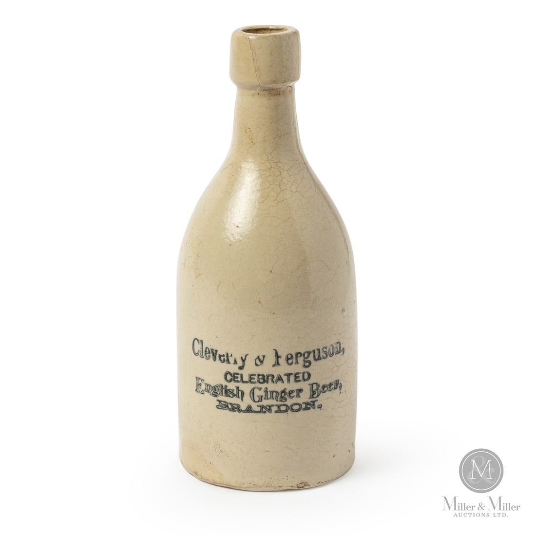 Cleverly & Ferguson, Brandon Ginger Beer: Canadian. 1890-1905. A pint-sized Cleverly & Ferguson Celebrated English Ginger Beer from Brandon, Manitoba. Extremely rare. Size 7" x 3" Dia. Condition Good condition. Heavily restored top, if not re