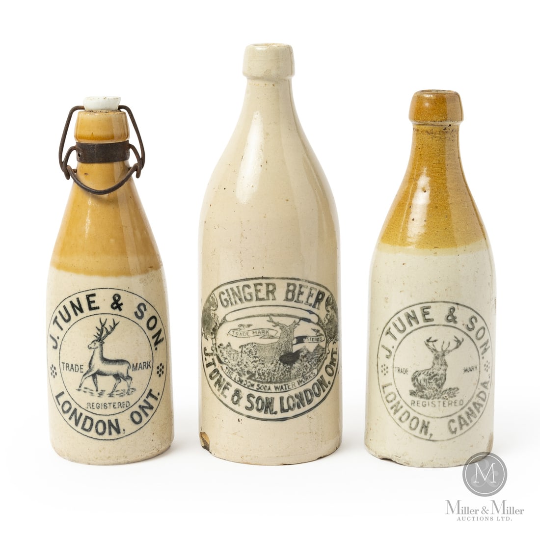 Tune & Son, London Ginger Beer Threesome: Canadian. 1890-1910. Three variants of the J. Tune & Son ginger beer from London, Ontario. Great stag trademark.Size8.75" x 3.25" Dia, 9" x 3.25" Dia, and 10.5" x 3.75" Dia.ConditionLeft with