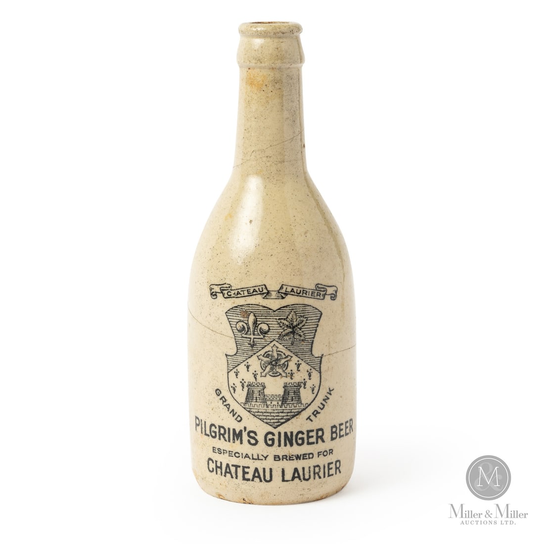 Chateau Laurier Pilgrim Ginger Beer, Ottawa: Canadian. 1890-1910. Pilgrim's ginger beer made expressly for the Chateau Laurier hotel in Ottawa. Extremely rare and iconic bottle.Size7.75" x 2.5" Dia.ConditionGood condition. Heavy cracking. Tiny