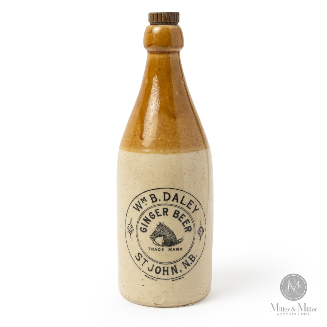 Daley, Saint John Ginger Beer: Canadian. 1890-1910. William B. Daley ginger beer from St. John, New Brunswick. Scarce blob top version. Great trademark. Size 10.5" x 3.25" Dia. Condition Near mint with marked and matching stopper.