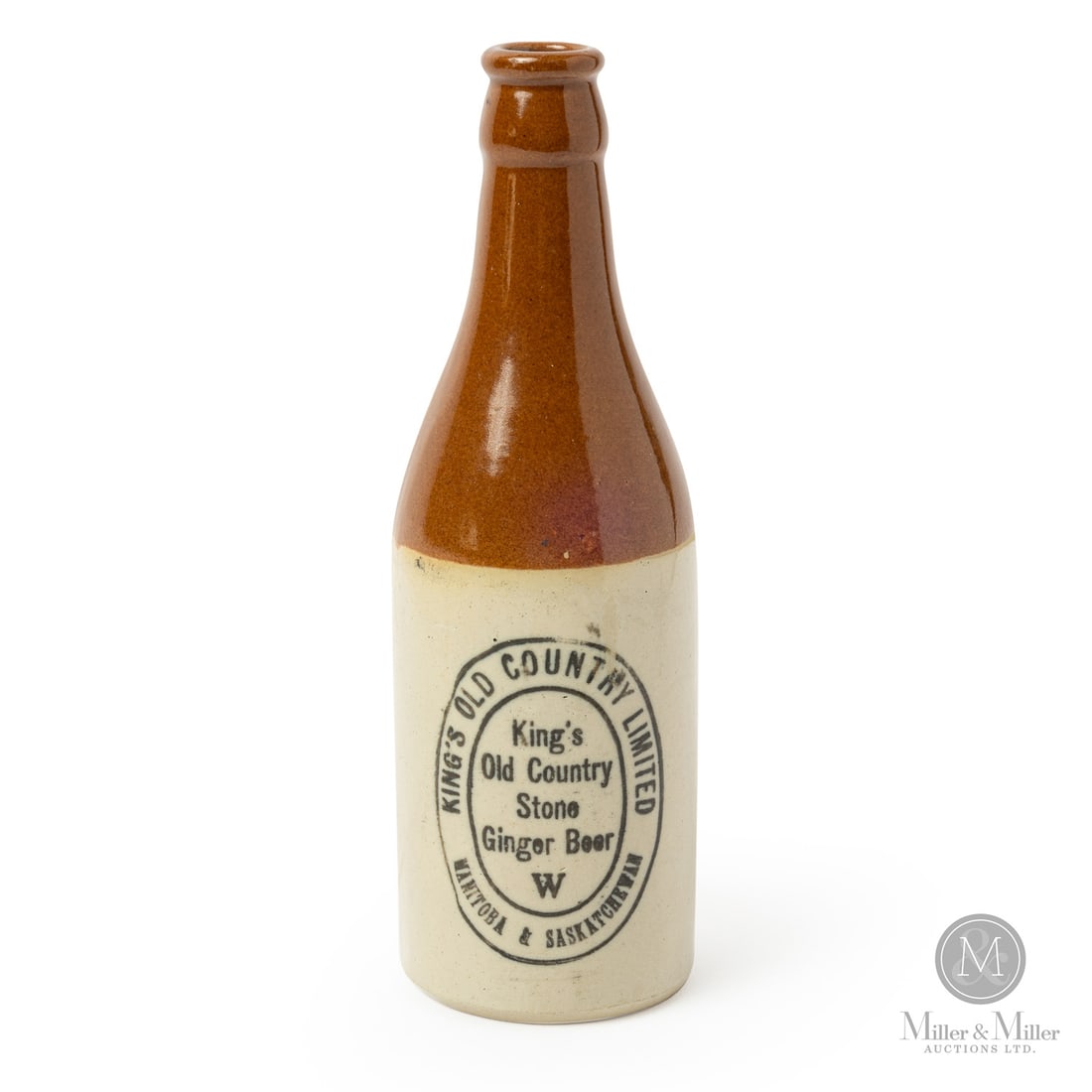 Kings Old Country Manitoba and Saskatchewan Ginger Beer: Canadian. 1890-1910. King's Old Country stone ginger beer. A scarce two-province variant with Manitoba and Saskatchewan branches. Medalta Potteries bottle.Size8.5" x 2.75" Dia.ConditionNear