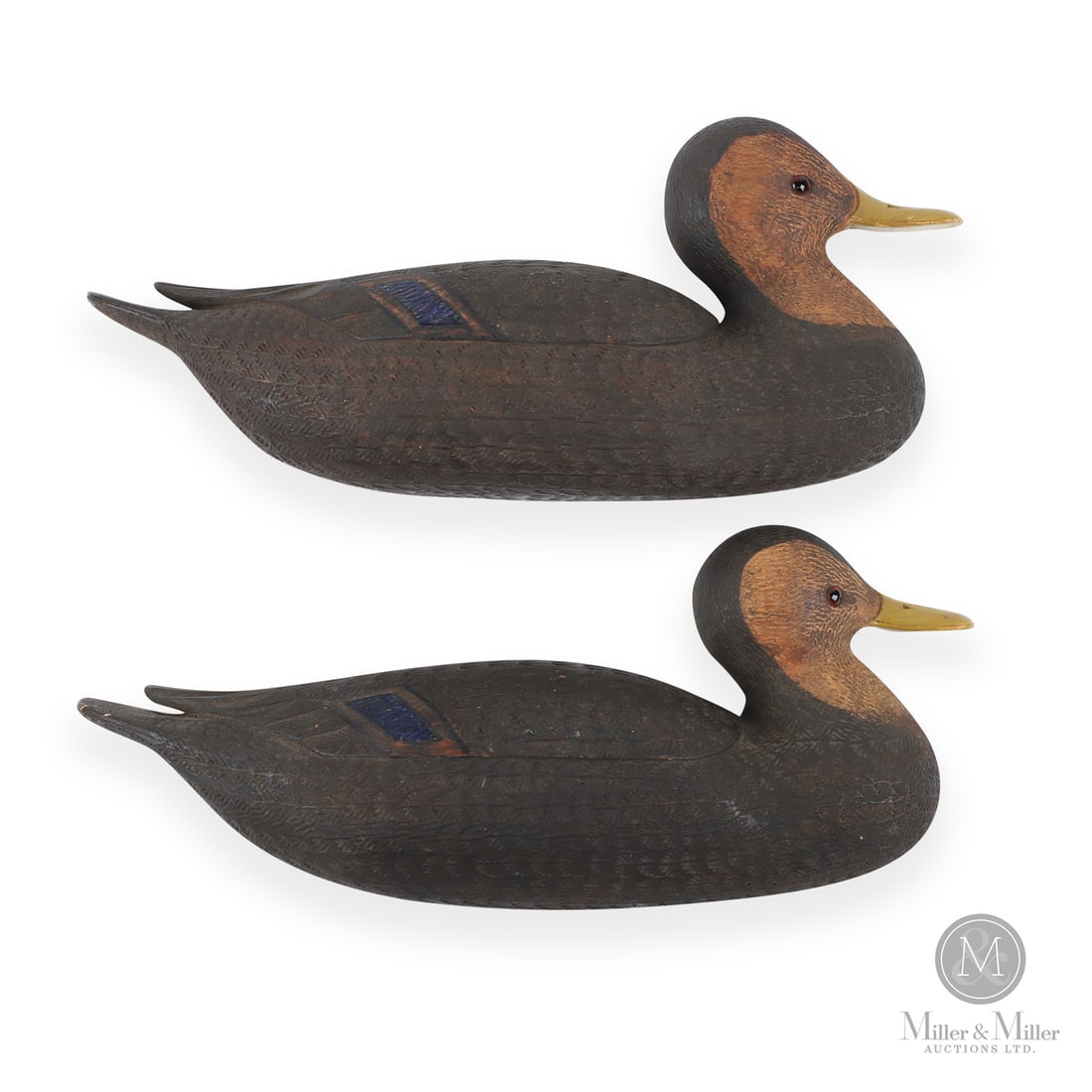 Amateur Savoie (1896-1983), New Brunswick, Black Duck Half Decoys: Lower Neguac, New Brunswick. Third Quarter 20th Century. Painted wood. Marked, "Amateur A. Savoie, Barbier CP #33 Lower Neguac N, B. Northumberland Co. Canada", back of each. Marked, with recounts of