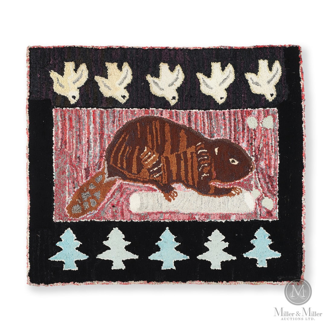 Beaver Hooked Rug: Canadian. Wool. A hooked rug with dramatic composition, having a large beaver at the centre on a variegated background of pinks, reds, and coral within a black border and having five cream-yellow dove