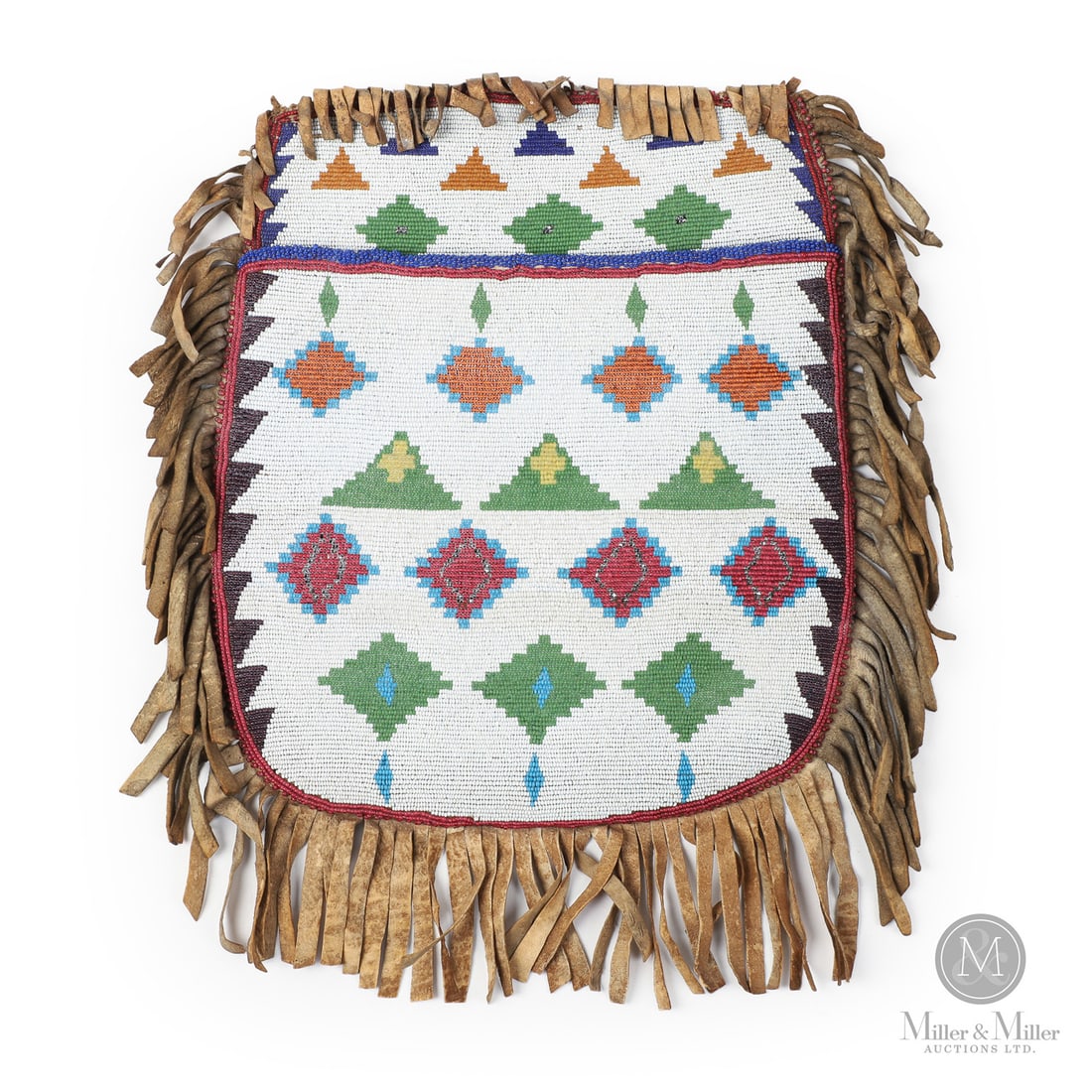 Native Beaded Pouch: Canadian. Leather. A First Nations beaded pouch or possibles bag, likely Sioux, the front panel decorated with geometric symbols in multiple colours on a beaded white background. Buckskin with fringe