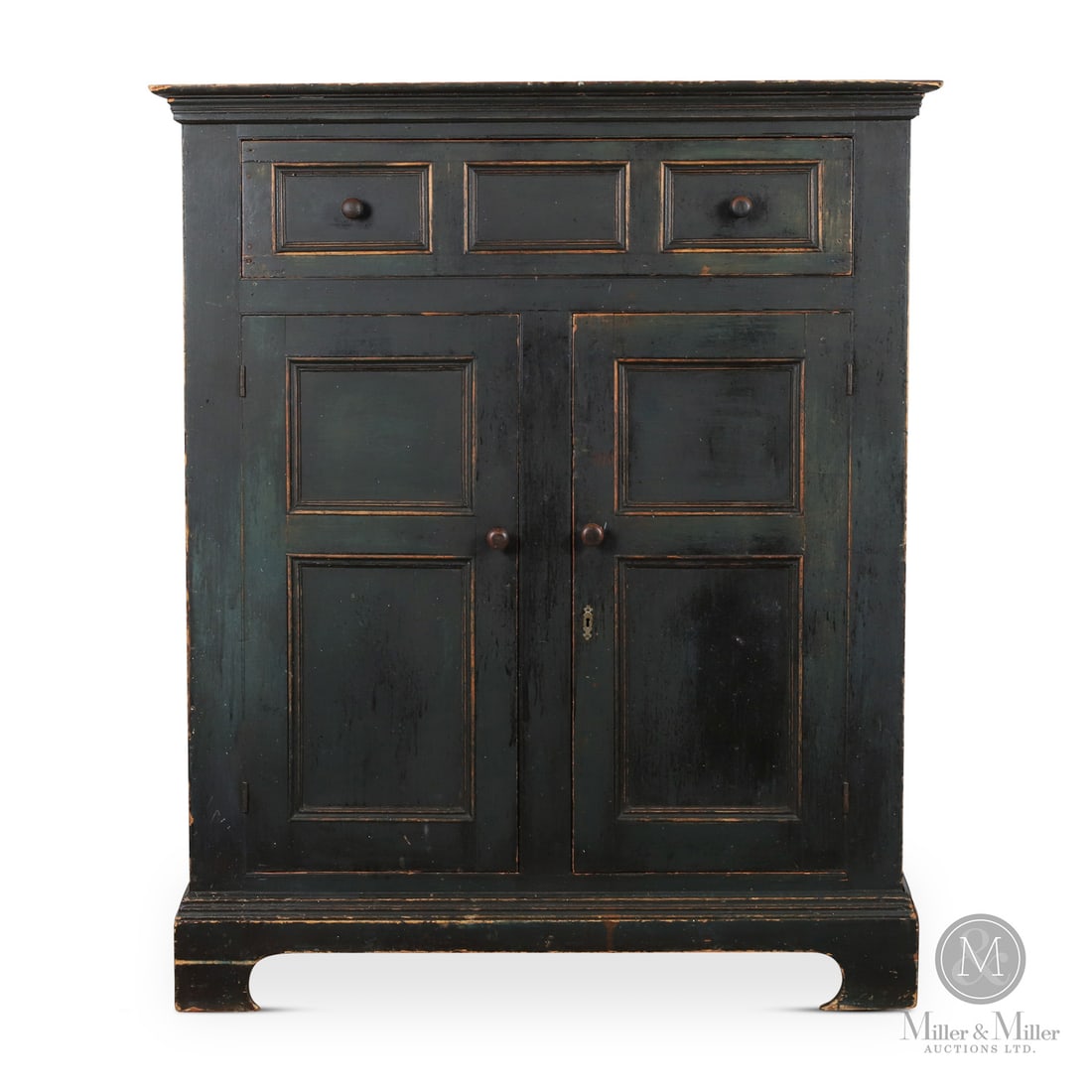 Quebec Buffet in Blue Paint: Canadian. Wood. A Quebec buffet with very good proportions and original surface, having a large panelled drawer over two panelled doors and mounted on a high bracket base with a C scroll "hook" foot.
