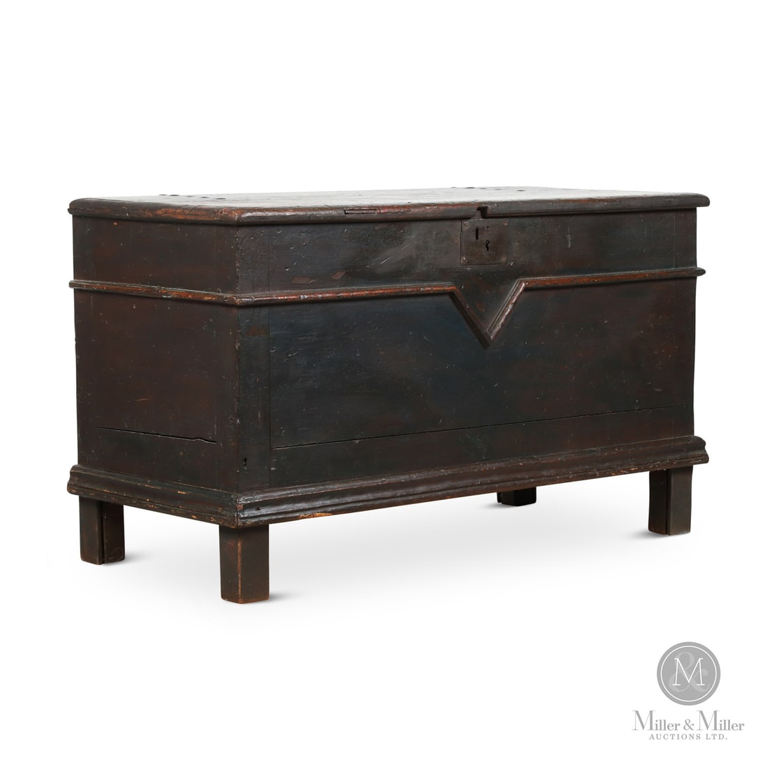 Quebec V Chest: Canadian. Wood. A Quebec V chest in original paint, having a splined top, original strap hinges, and escutcheon. Pegged construction with rosehead nails. Good condition with repair to inside of the lo