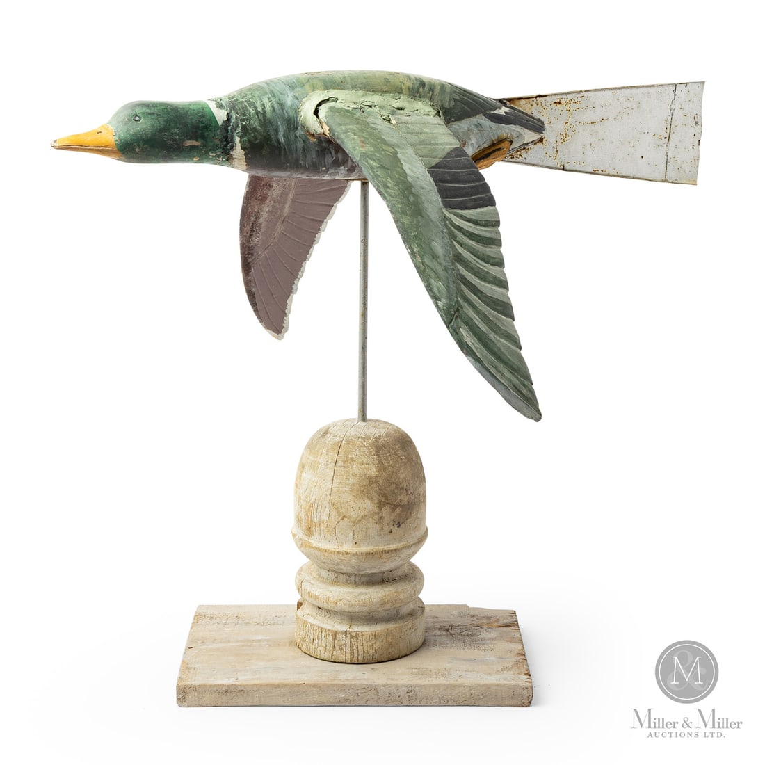 Ralph Boutilier Duck Weathervane: Canadian. Wood. A weathervane of a Mallard duck in flight, attributed to Ralph Boutilier, Milton, Nova Scotia. Carved in the manner of Boutilier and purchased from a neighbour's home in Milton. In ori