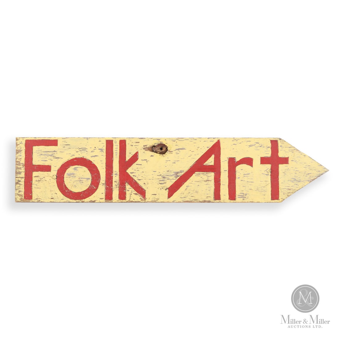Nova Scotia "Folk Art" Sign: Canadian. Wood. A Nova Scotia "Folk Art" arrow sign with red lettering on a yellow ground. Nicely weathered surface. From Nova Scotia's South Shore, C. 1975. 7.25" x 35" x 0.75". From a long time,
