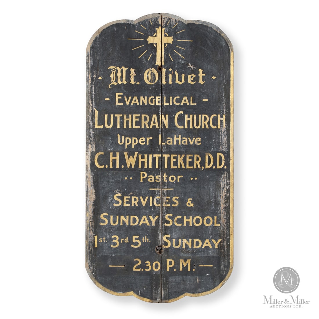 Upper Lahave Church Sign: Wood. A pine sign from the Mt. Olivet Lutheran Church in Upper Lahave, Nova Scotia, with original gold lettering on a black smaltz paint background. Very good condition with a nicely weathered