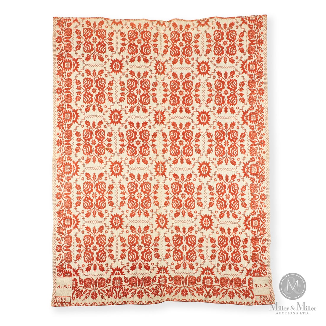"Anne Temple" 1859 Ontario Coverlet: Canadian. Wool, cotton. A two-piece Jacquard coverlet in rust and white marked, "A.A.T 1859", in a corner on both sides. Retains an old tag noting that it was "woven by Anne Temple", and "__ of Lucy