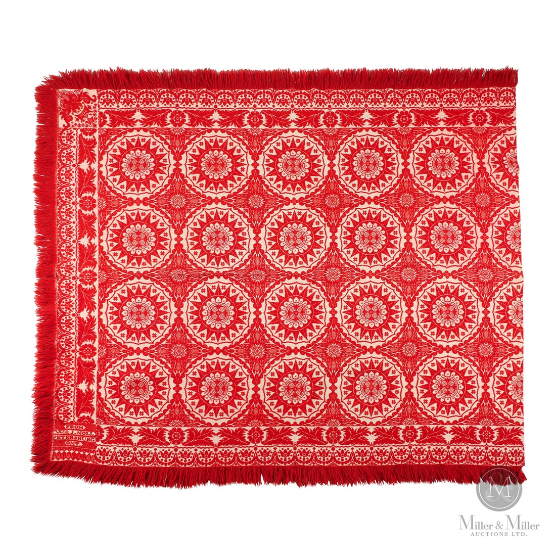 Signed Petersburg Ontario Coverlet: Canadian. Wool, cotton. A two-piece, red and white Ontario Jacquard coverlet in the sunburst pattern. Minor stain on one corner. C. 1870. Marked, "From W. & J. Noll Petersburg Ont". 10.5" x 9.5" x