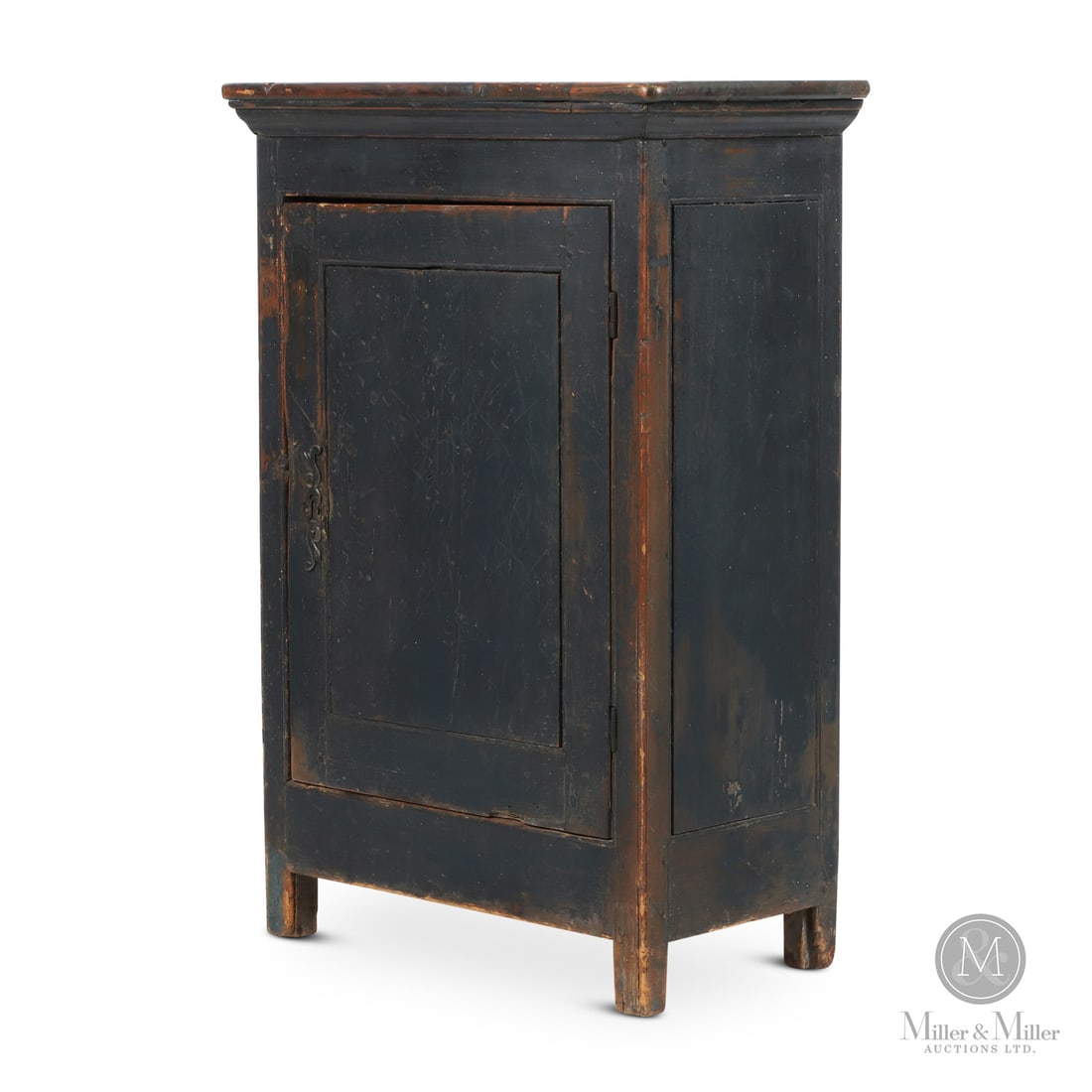 Pine Armoirette in Paint: Canadian. Wood. A pine armoirette in original blue-grey paint with early fitted panels on the door and sides, and having a panelled back. Original shelf and cast butt hinges. Very good condition with