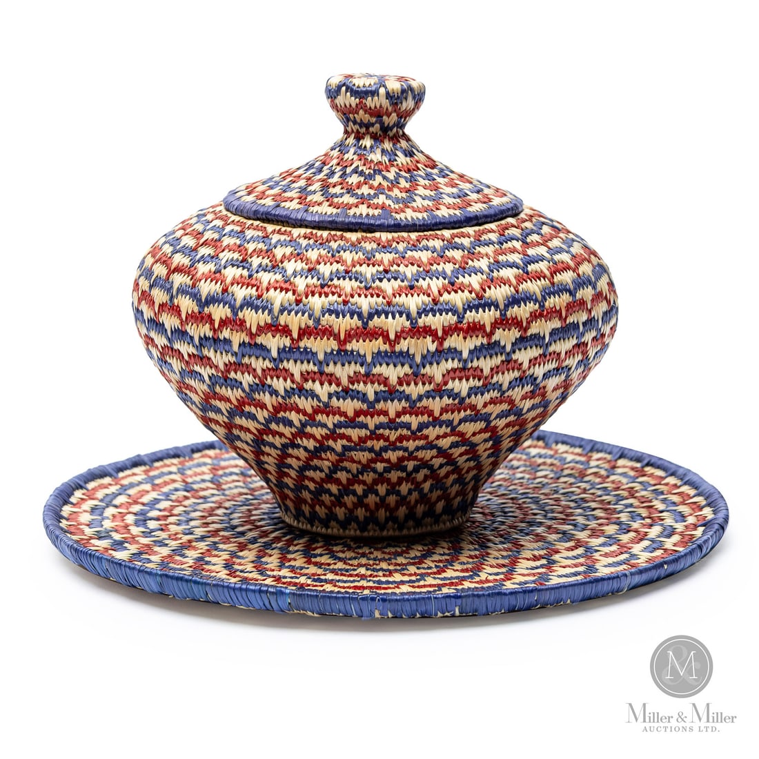 Evelyn Douglas Woven/Coiled Basket With Plate: Canadian. Grass. A hand-woven, coiled basket and plate in natural and dyed grasses by Evelyn Douglas (Williamson). Woven in the traditional ancestral manner, excellent form and condition with strong