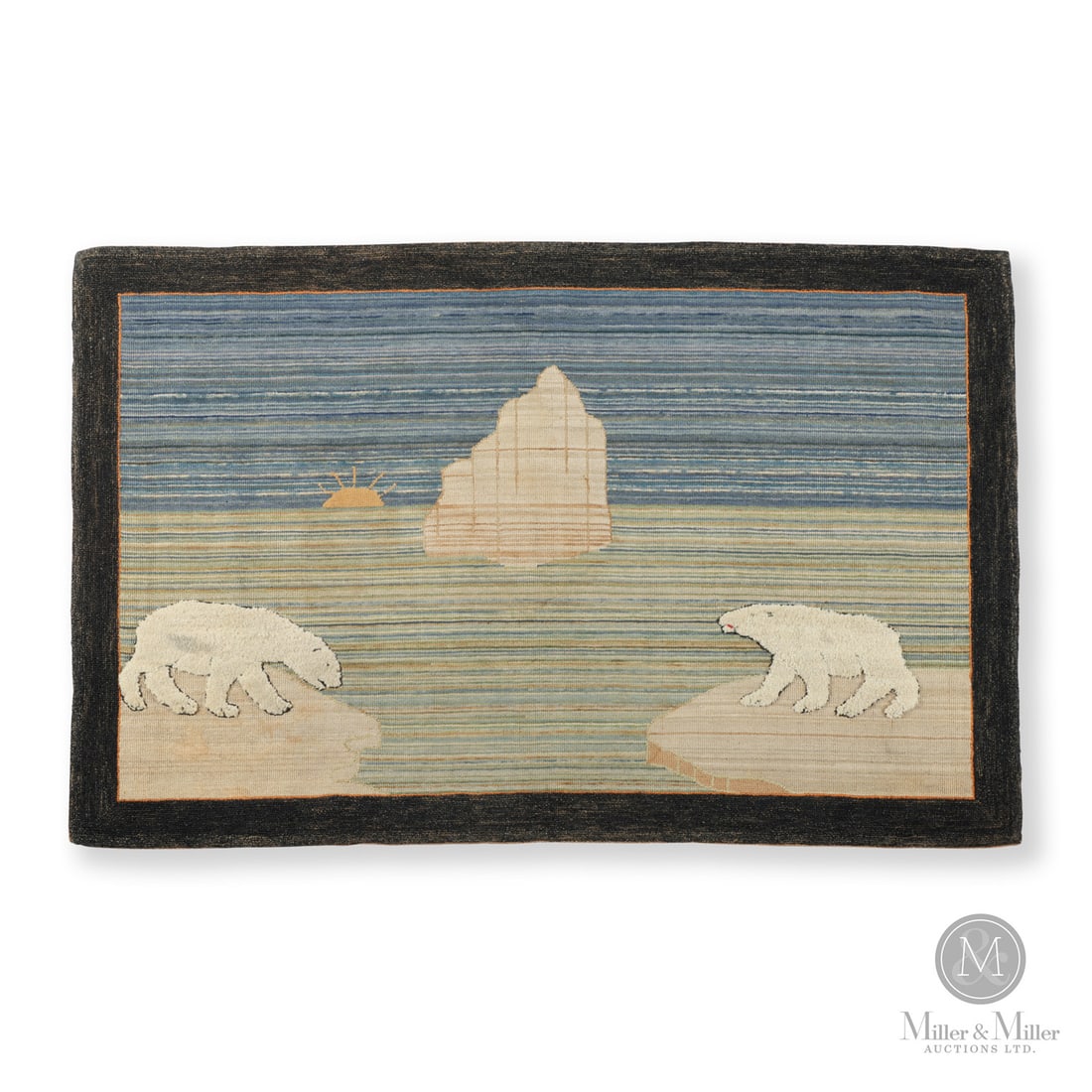Grenfell Mission Polar Bears on Ice Pans: Canadian. Wool. A Grenfell mat of two polar bears on separate ice pans flanking a large iceberg at the centre, with a setting sun. Very good condition, strong colour and a scarce image. This is an