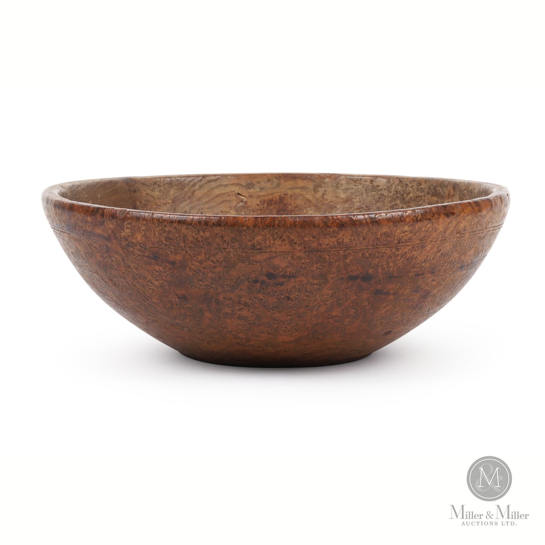 Norfolk County Burl Bowl: Canadian. Wood. A mid-size turned ash burl bowl with incised double lines below the rim and a well-defined base. The bowl has great form, condition, and colour with tight burl, warm patina, and no