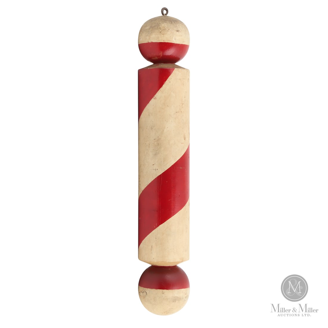 Small Hanging Barber Pole: Canadian. Wood. A small barber pole from Tillsonburg in exceptional condition with original paint and a fine oxidized surface. With a hanging hook at one end. Great size, form, and condition.
