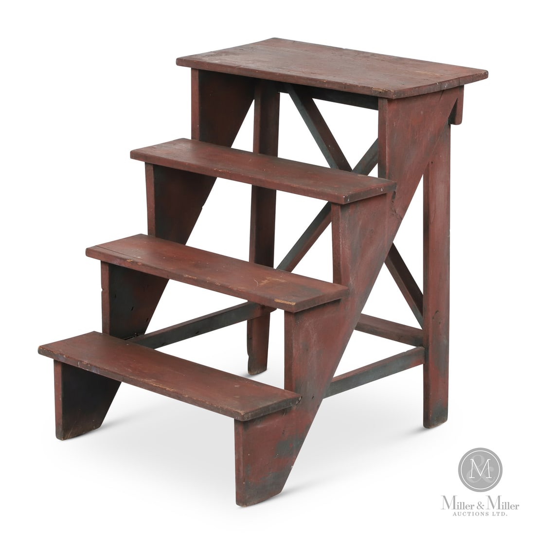 Eastern Ontario Plant Stand: Canadian. Wood. A tiered pine plant stand or library steps from Eastern Ontario in old dry red paint over a grey undercoat. Very good condition and stable construction with original stretchers at the