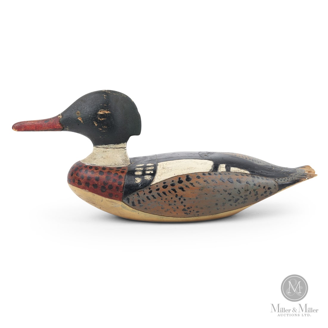 Miniature Merganser Drake Nova Scotia Duck Decoy: Nova Scotia. Second quarter 20th century. Painted wood. Marked, "Kingsley Levy, Little Tancook Is. NS. Reference "Decoys for sale" Web Guyette May 26/2022", bottom. 5" x 12" x 4". From a Private Nova