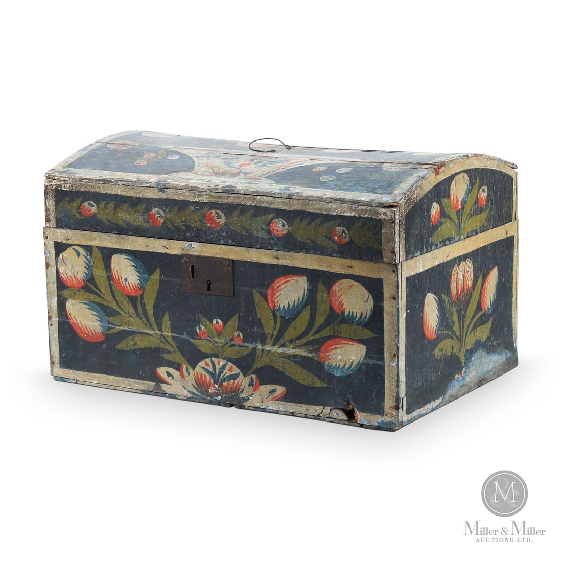 Large French Decorated Box: French. Wood. Illustrated in "The Heritage of Upper Canadian Furniture" by Howard Pain, plate 1339, page 514, a French, dome top, painted pine storage box with the front and sides having red/white/gre