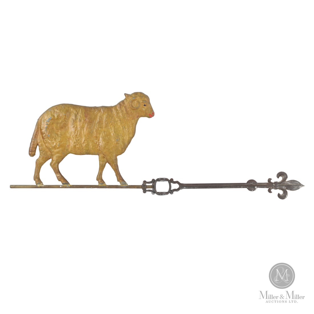 Sheep Weathervane: American. Metal. A pressed metal sheep weathervane in old gold paint with red accents and black eyes. Note the fleur-de-lys finial on the original shaft. Old gold overpaint over original gilt. Weather