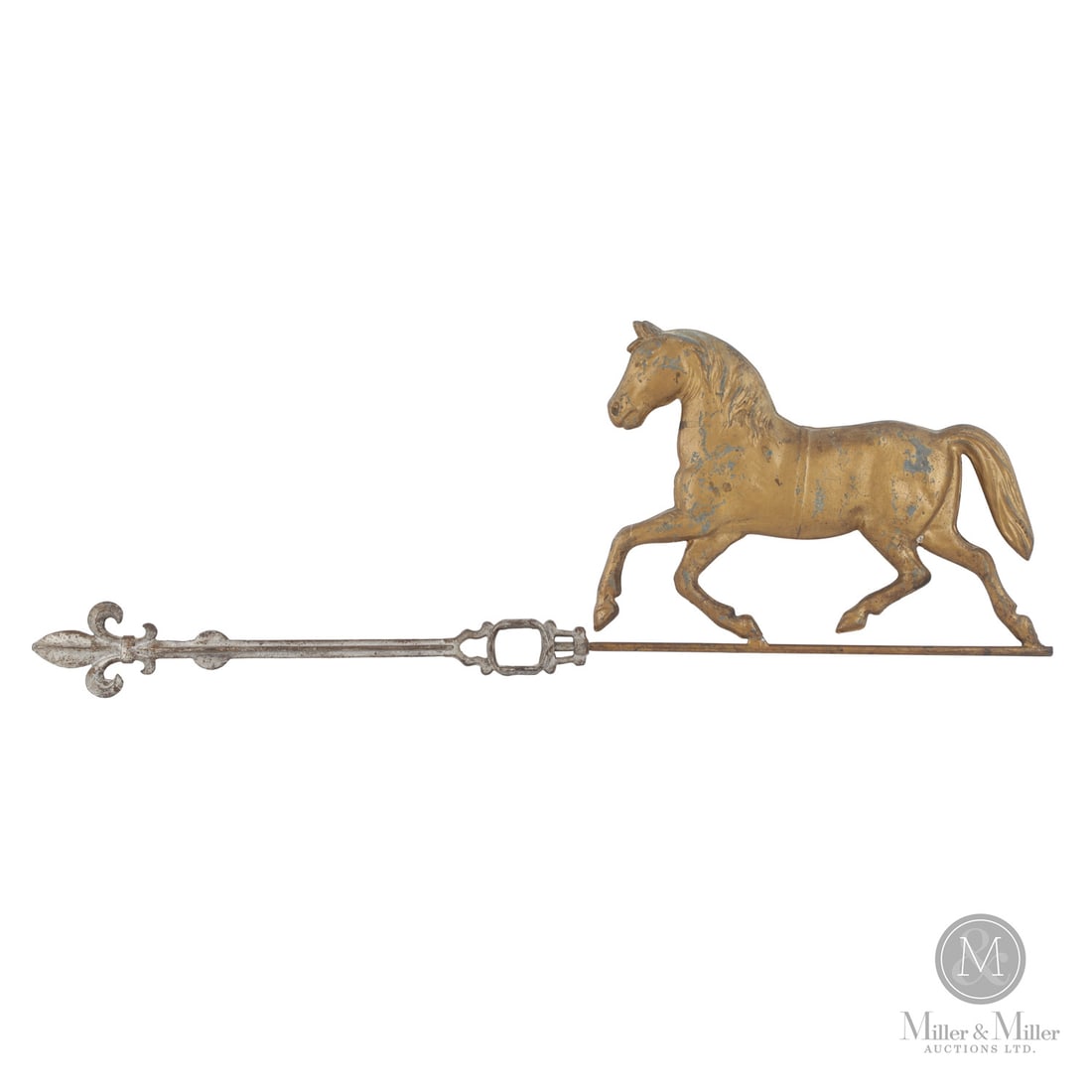 Horse Weathervane: American. Metal. A trotting horse weathervane in pressed metal with a cast iron mounting rod having a fleur-de-lys tip. Very good weathered surface, original gold paint. Some scuffs and minor dents.