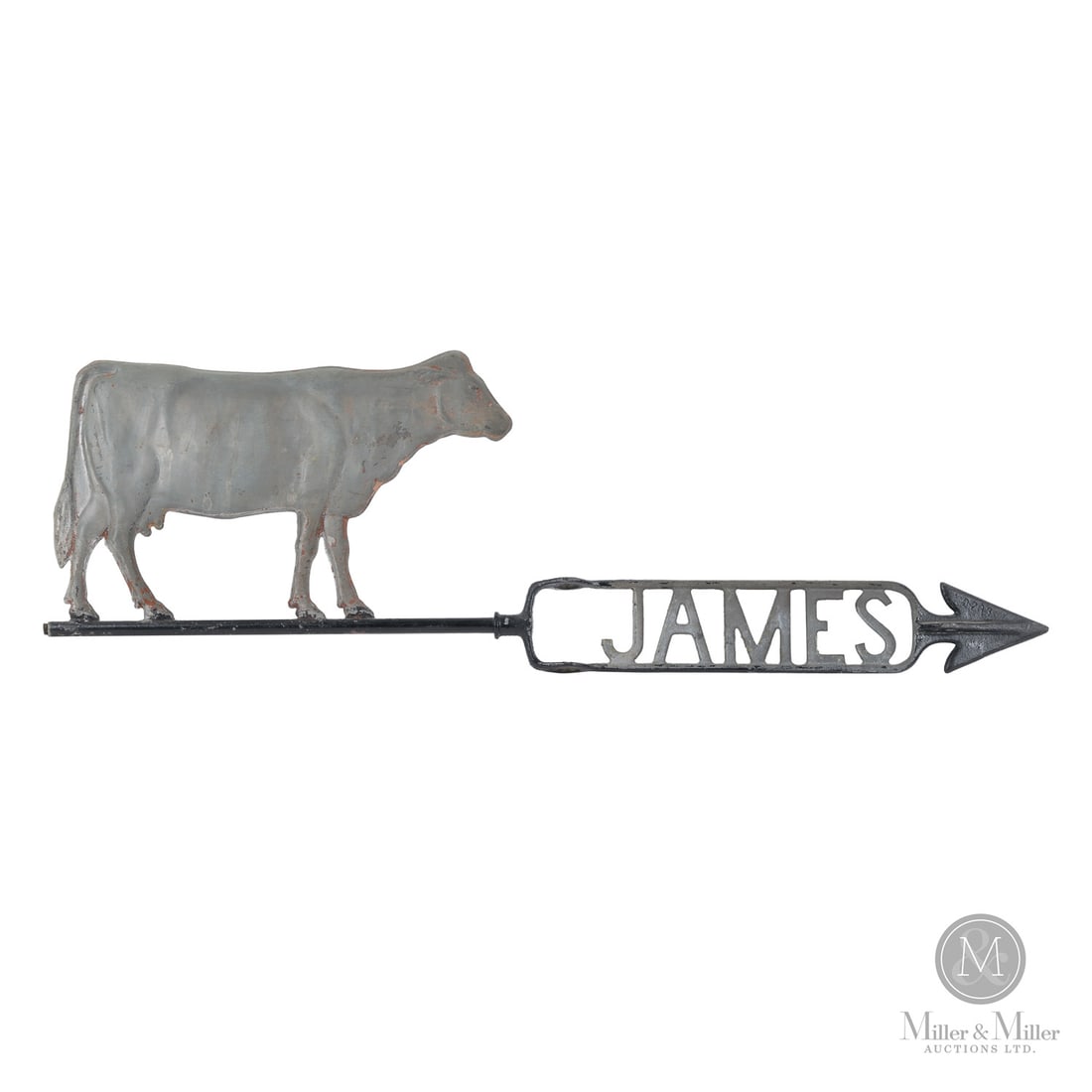 "James" Cow Weathervane: American. Metal. A polled cow lightning rod weathervane in good condition. American, C. 1900. Marked, "JAMES", on directional. 11" x 32.5" x 1.5". From the Sherry Boxall and Andrew Gruening