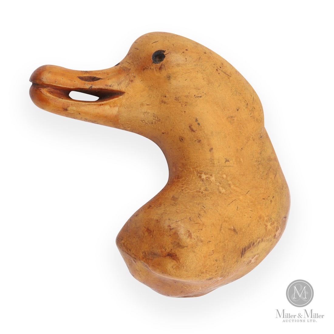 Duck Head Canoe Cup: Canadian. Wood. A very finely carved canoe cup with a duck head handle and in a crazed original varnish surface. Thinly carved walls and the duck head have great detail with the open bill and carved