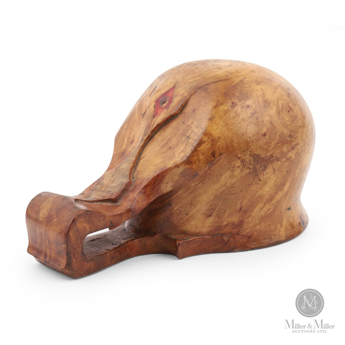 Burl Canoe Cup With Red Diamond: Canadian. Wood. An intricately carved burl canoe cup with a deep bowl and an open-work handle. The back of the handle has a relief-carved motif with a red-painted diamond and a small bead. Excellent