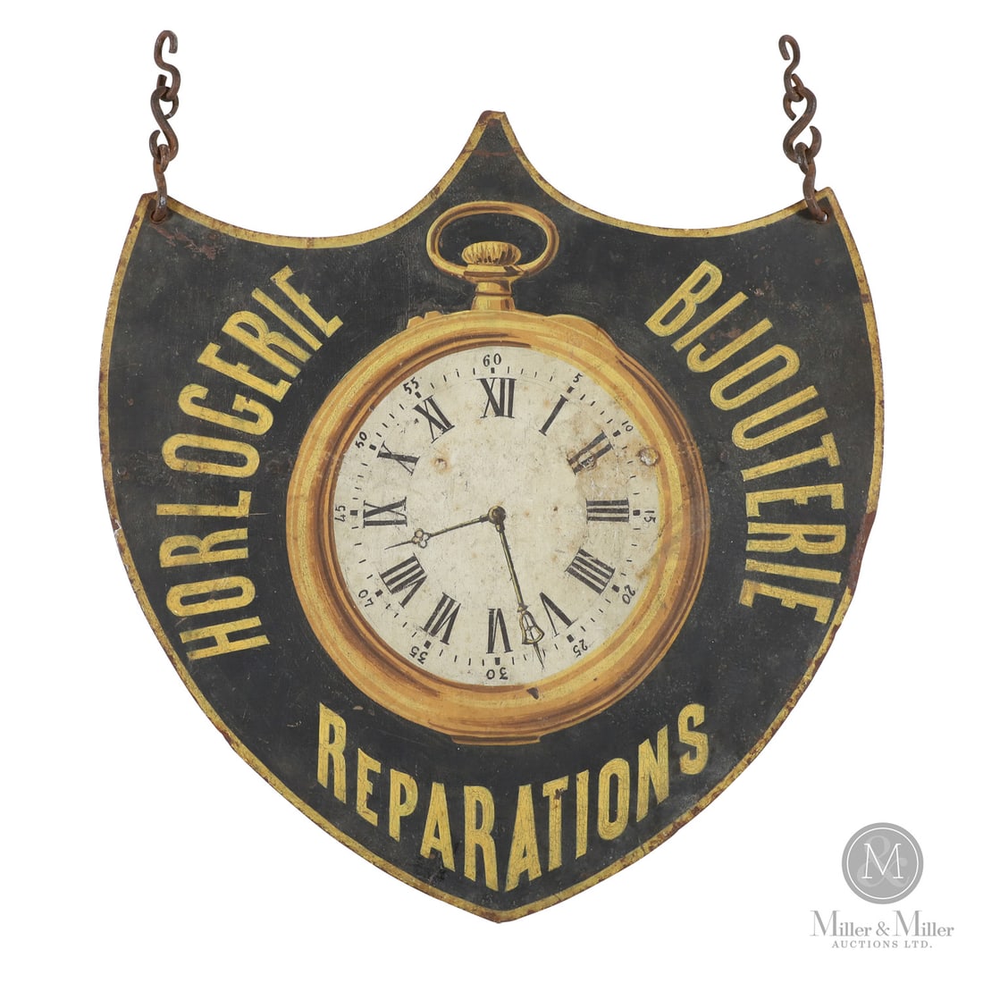 French Watchmaker/Jeweler Sign: French. Metal. A double-sided, shield-shaped watchmaker/jeweller sign in sheet metal and still retaining strong original paint of gold lettering and trim on a black background. Good untouched