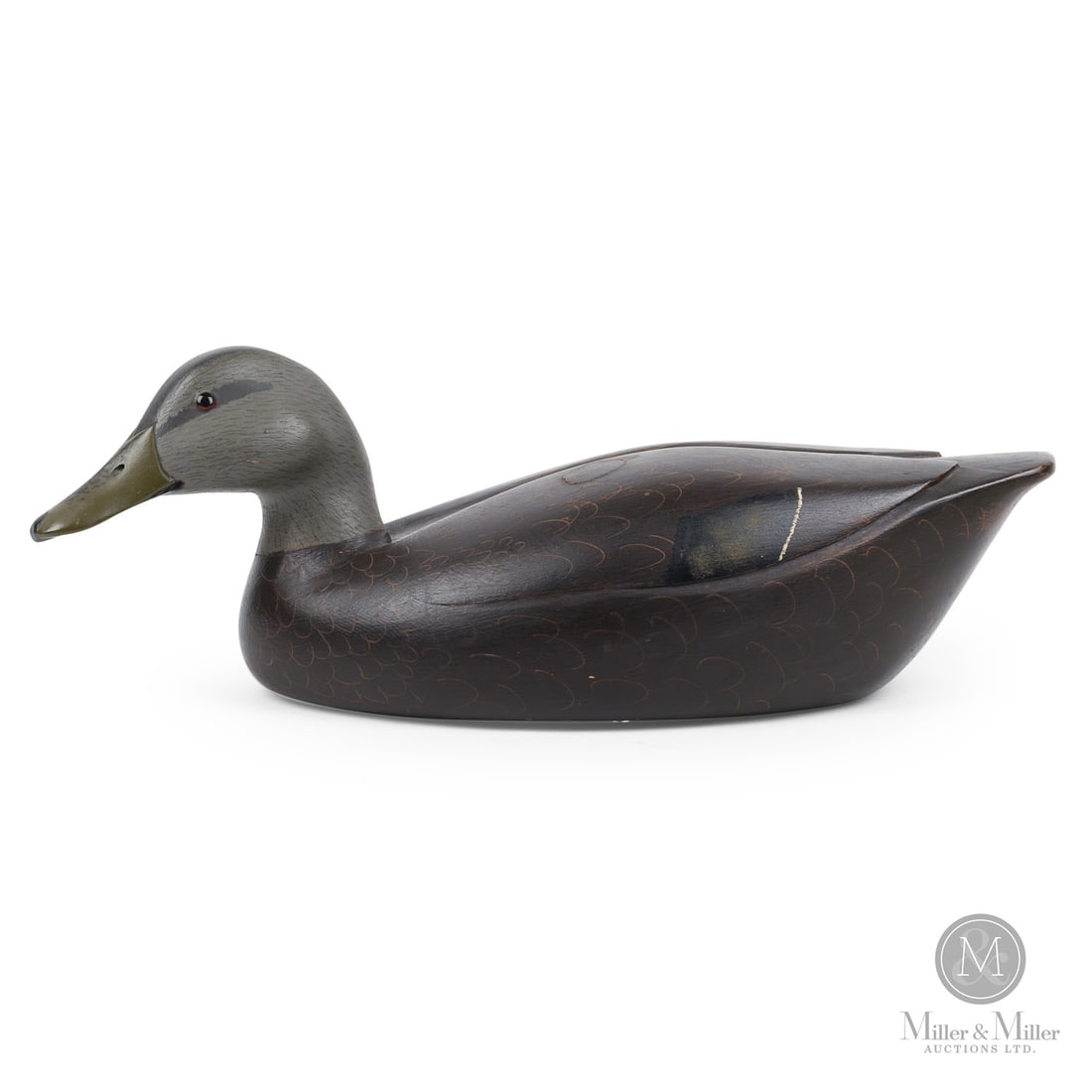 Art Chilton (1920-), Toronto, Ontario, Black Duck Decoy: Toronto, Ontario. 1970s. Painted wood. Branded, "AC", and signed on bottom. 6" x 7" x 17.5". Toronto, Ontario. 1970s. Branded, "AC", and signed on bottom.