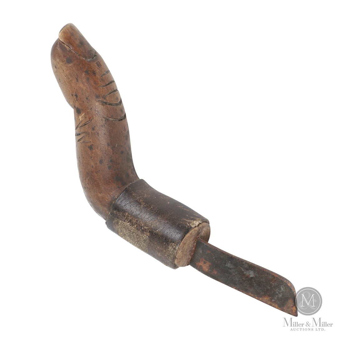 Thumb Handle Crooked Knife: Canadian. Wood, metal. An unusual crooked knife with the handle in the shape of a large thumb, well-carved with good detail, including knuckle creases and the thumbnail. Initialled, "J.G.", on back of