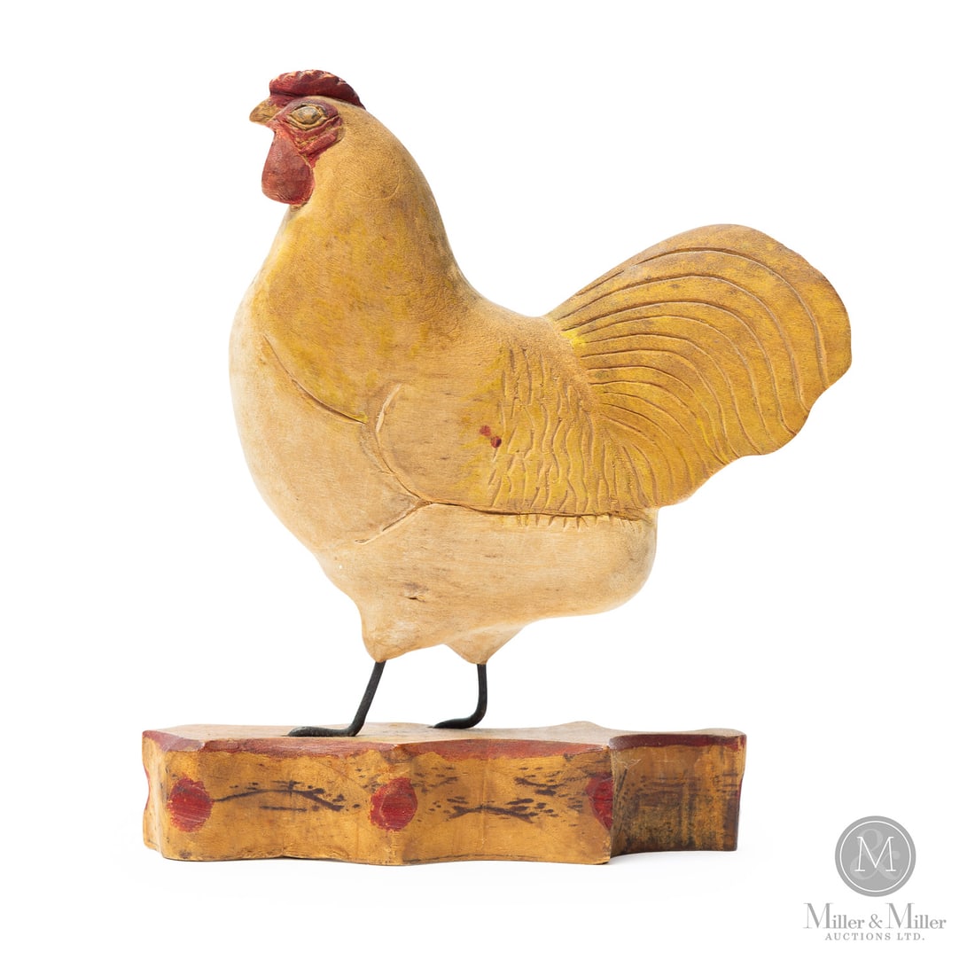 David Horst Rooster: Canadian. Wood. A very fine example of a miniature rooster carved by David B. Horst (1873-1965), Waterloo County, Ontario, in original paint and mounted on wire legs. Note the detail in the wattles an