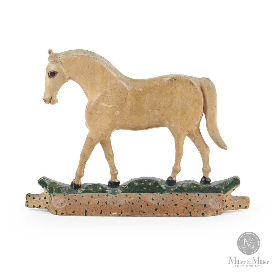 David Horst Miniature Horse: Canadian. Wood. A miniature horse carving by David B. Horst (1873-1965), Waterloo County, Ontario, in superb original paint and surface with a speckled painted base. Horst was a noted folk artist-carv