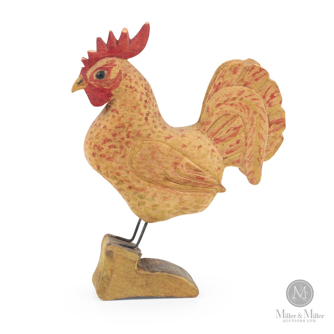 David Horst Rooster Carving: Canadian. Wood. A miniature rooster carving by David B. Horst (1873-1965), Waterloo County, Ontario, in original paint and mounted on wire legs. Horst was a noted folk artist-carver from St Jacobs, we