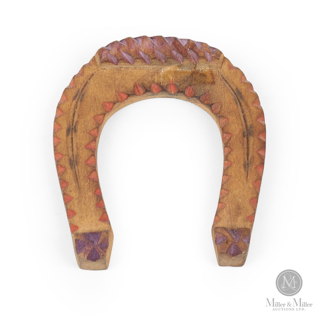 David Horst Horseshoe Carving: Canadian. Wood. A miniature horseshoe, chip-carved and painted by David B. Horst (1873-1965), Waterloo County, with the carved notches painted in coral and purple. Horst was a noted folk