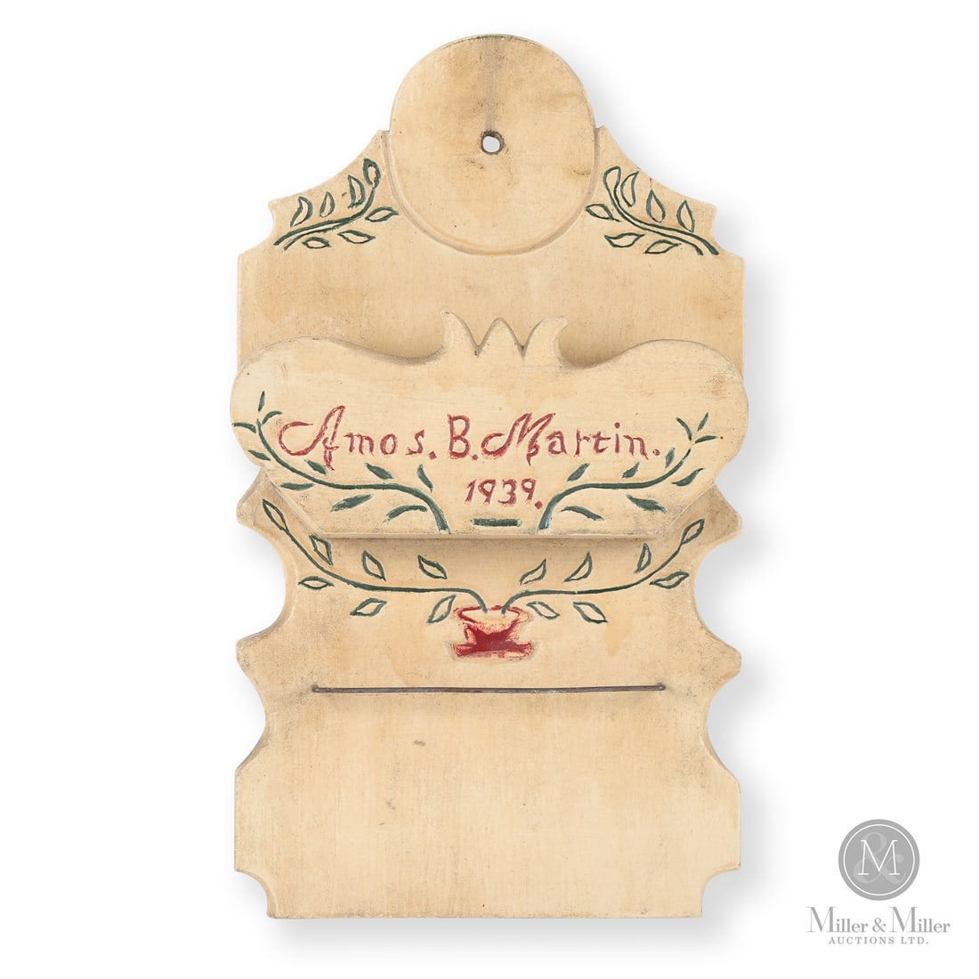 David Horst Wall Box "Amos. B. Martin": Canadian. Wood. A hanging comb box made by David B. Horst (1873-1965), Waterloo County, for his friend Amos Martin and documented in the text for plate 186, page 173, of "A Splendid Harvest" by