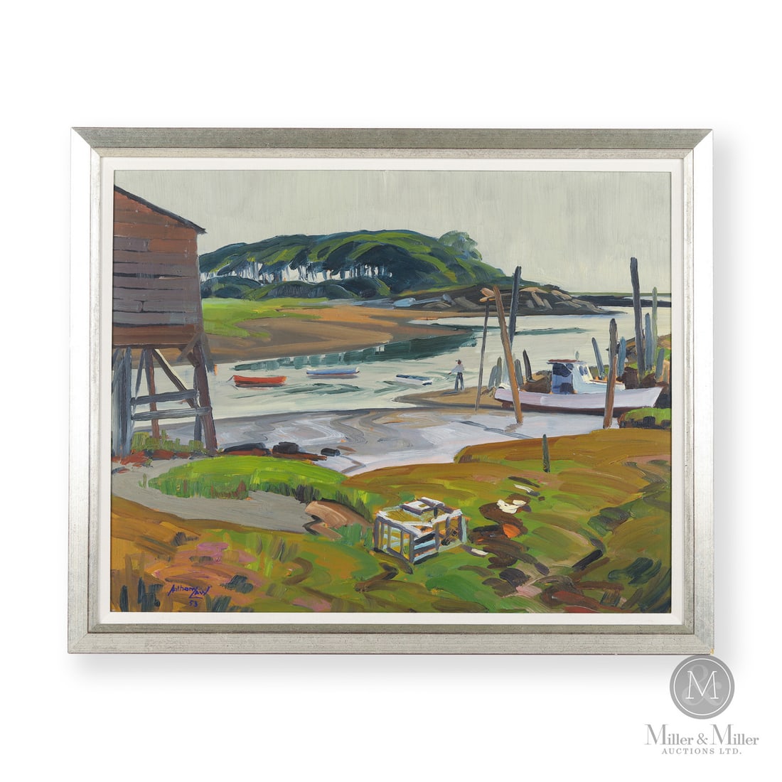 Anthony Law "Low Water": Canadian. Art board. An oil on panel of a Nova Scotia cove by Anthony Law (1916-1996) titled "Low Water". Commander Anthony Law was in active naval service during and after the Second World War and