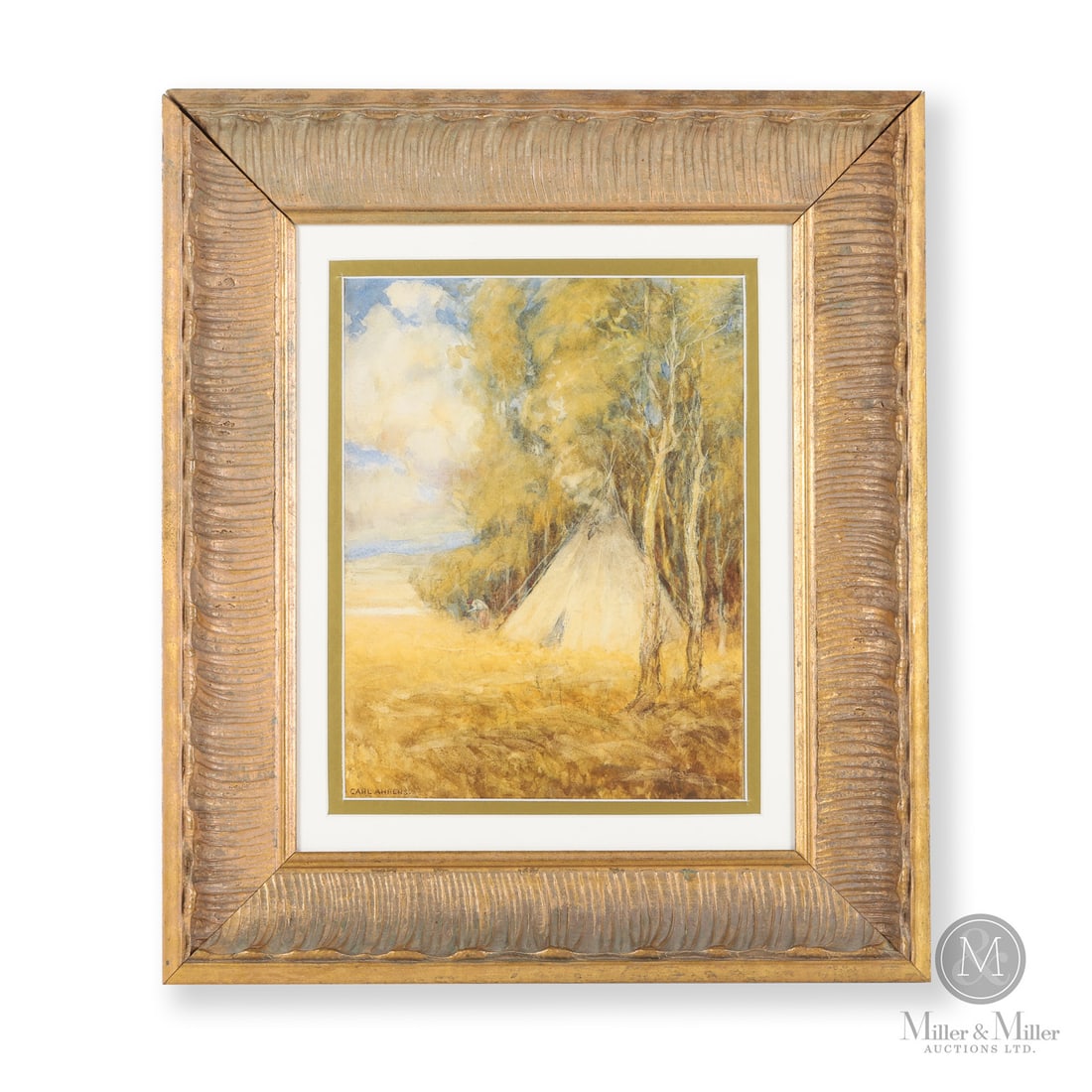 Carl Ahrens Native Tipi Watercolour: Canadian. Paper. A watercolour on paper by Carl Ahrens (1862-1936) showing a tipi in the forest with a woman tending the cooking fire. Mounted in a carved gold-painted frame. Carl Ahrens grew up in