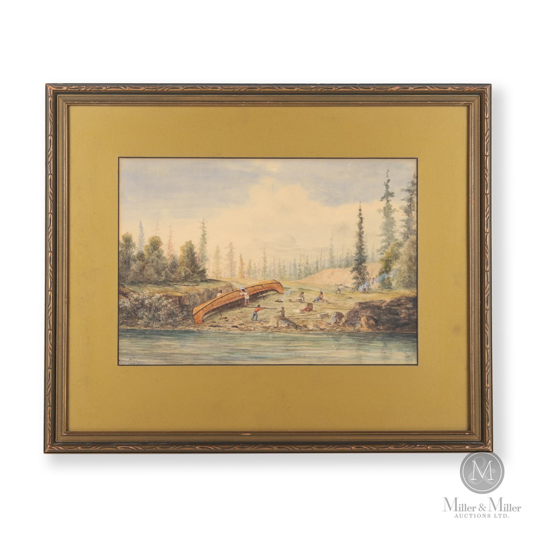 William Armstrong Kaministiquia River 1862: Canadian. Paper. A watercolour on paper by William Armstrong (1822-1914) showing a large birch bark canoe being repaired on the shore. Marked on the reverse, "Hauled Out For Repairs, Kaministiquia