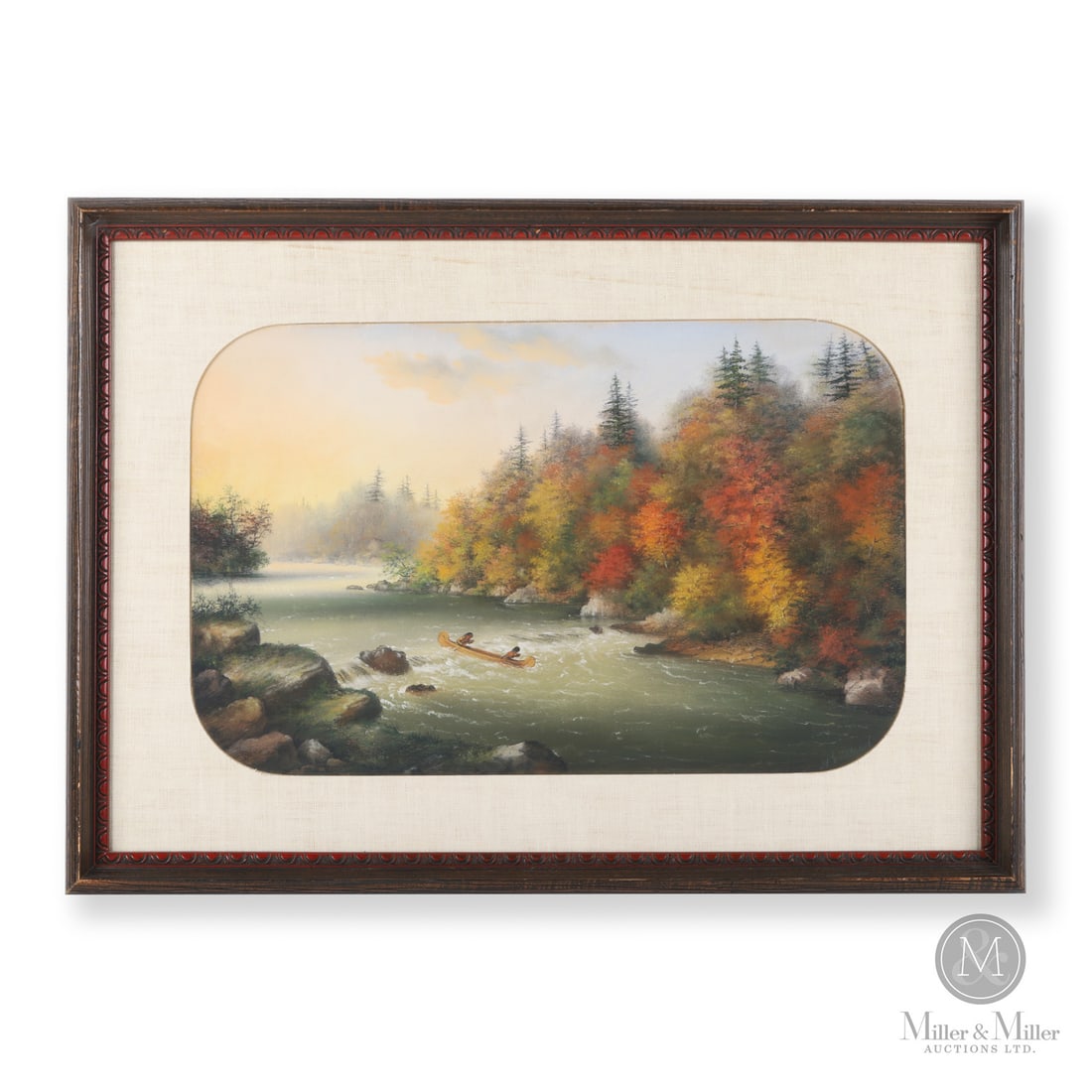 Alfred Worsley Holdstock "Cachinque Creek": Canadian. Paper. A pastel on paper by Alfred Worsley Holdstock (1820-1901) of a canoe shooting the rapids with fall colours in the background. Marked, "Cachingue (sp?) Creek, CW (Canada West), in