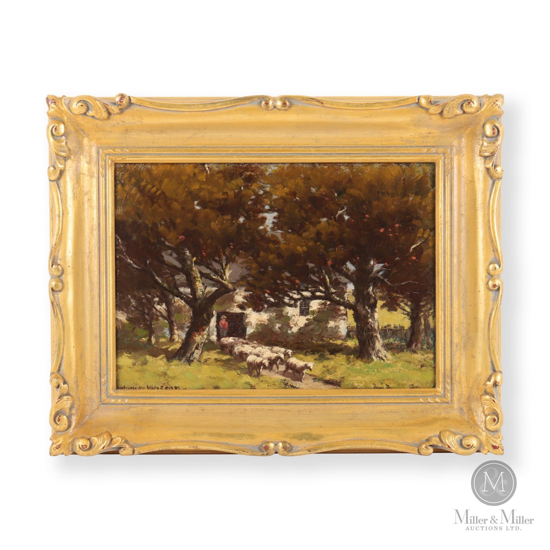 Homer Watson "Early Morning At The Farm": Canadian. Artist board. Oil painting by Homer Ransford Watson (1855-1936) titled, "Early Morning at the Farm". Oil on artist board. Mounted in a carved pine frame. Signed, bottom left. Marked, with