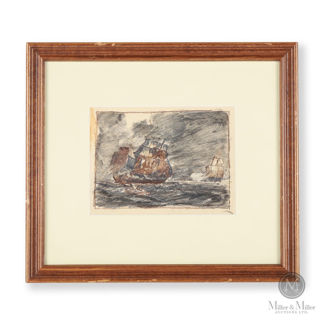 Homer Watson Sea Battle Sketch: Canadian. Paper. An ink and watercolour sketch by Homer Ransford Watson (1855-1936) of two ships in battle with a lifeboat in the foreground. Verso is a study sketch of trees. Very good condition,