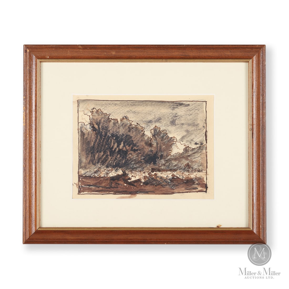 Homer Watson Sketch: Canadian. Paper. An ink and watercolour sketch of a forest landscape by Homer Ransford Watson (1855-1936). Sketch: 4.75" x 6.5". Framed: 9.25" x 11.25" x 1". Canadian. An ink and watercolour sketch