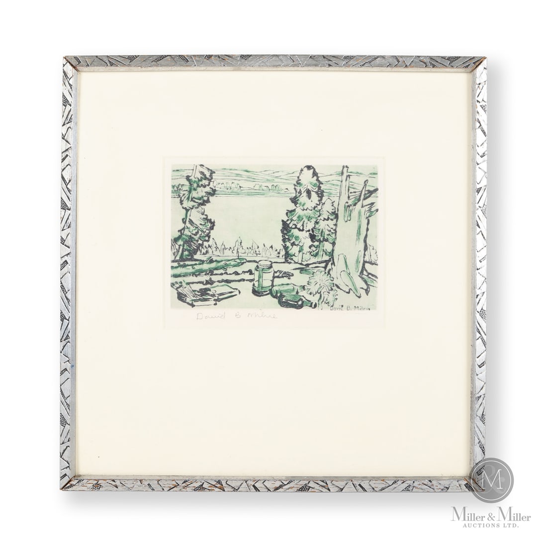 David Milne "Painting Place - Hilltop": Canadian. Paper. A two-colour drypoint by David Milne (1882-1953) titled, "Painting Place - Hilltop". The scene shows a river view from a hilltop with artist supplies on the ground in the foreground.