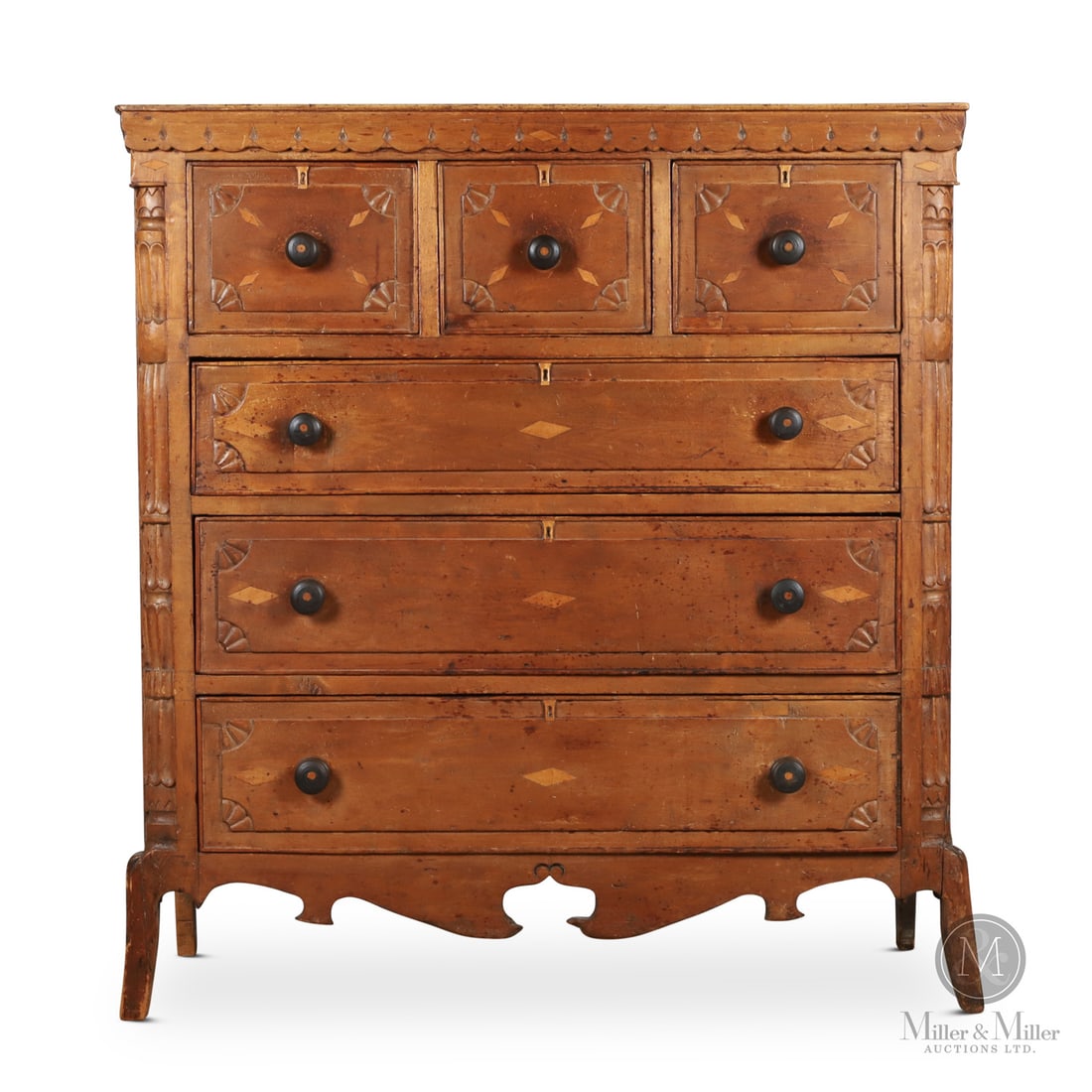 Folky Quebec Chest of Drawers: Canadian. Wood. An exuberant and folky Quebec chest of drawers with a deeply scalloped high base and flared "French" feet. Constructed in butternut and pine, the chest has the unusual feature of a
