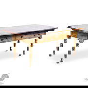 Waterloo County Three Drawer Table: Canadian. Wood. A pine dining/work table from Waterloo County in original yellow paint with three drawers, turned legs, and a scrubbed refinished top. Very good condition with an old split in one